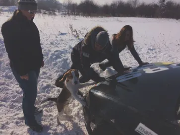 Rufi helping us push the car out of the snow